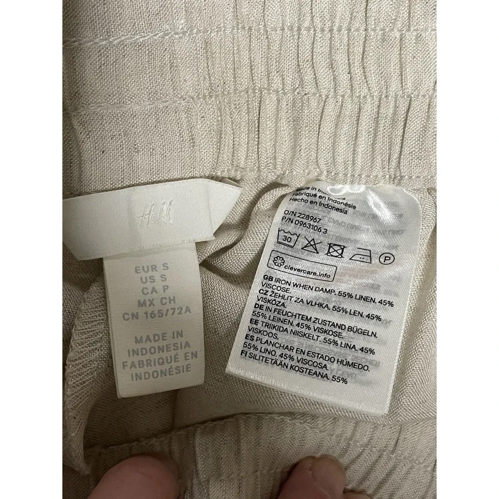 H&M Womens Tan Linen Pants‎ Wide leg pockets elastic waist size S